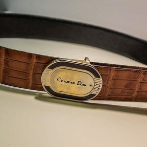 Vintage Dior Brown Leather Belt with Multi Color Alloy Buckle
